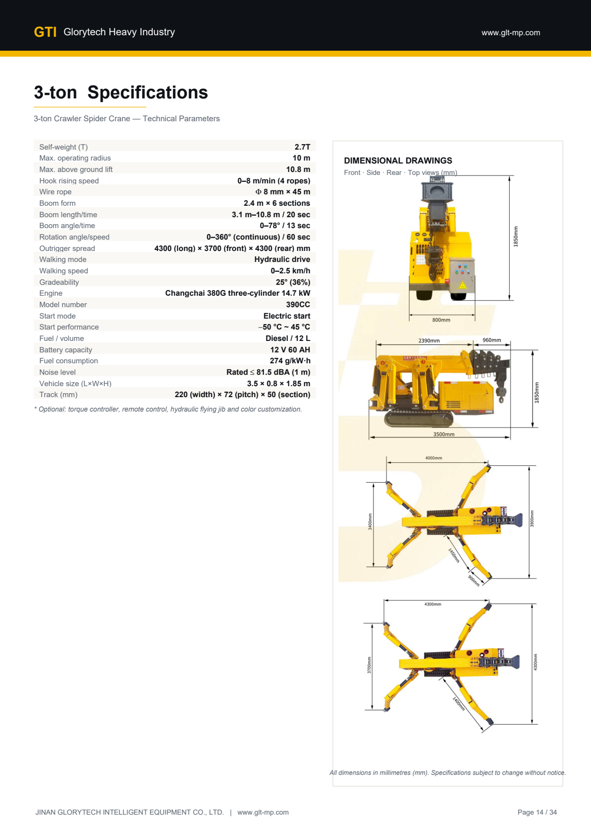3-ton Crawler Spider Crane - specifications