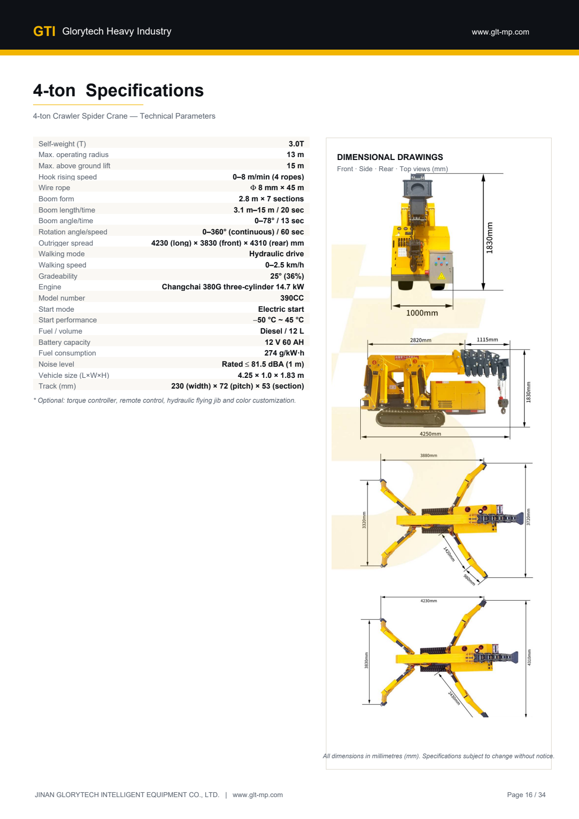 4-ton Crawler Spider Crane - specifications