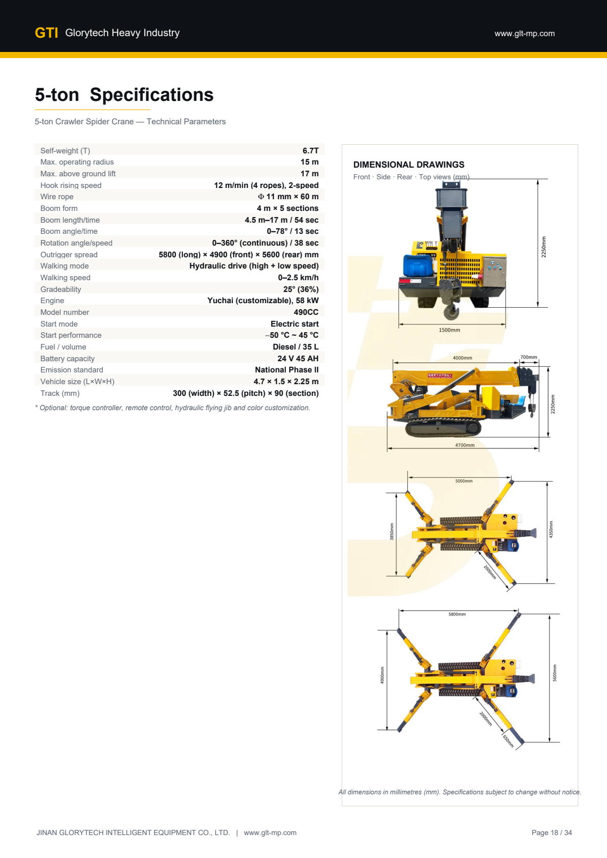 5-ton Crawler Spider Crane - specifications