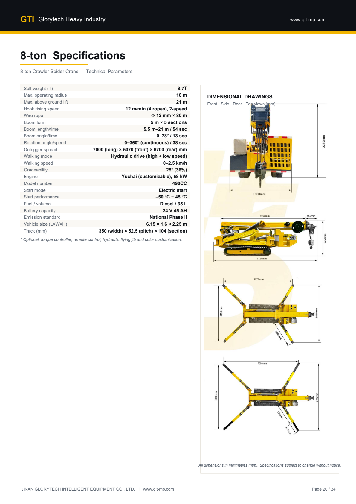 8-ton Crawler Spider Crane - specifications